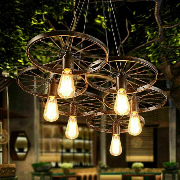 Rustic 6 Bulb Wagon Wheel Chandelier Distressed Bronze Finish Home Business - Picture 3 of 16